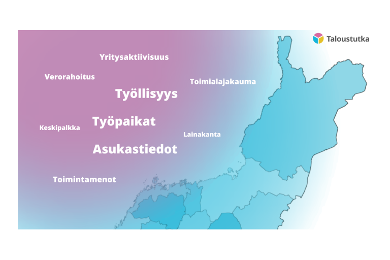 Taloustutkasta kattava kuntatieto: työllisyys, työpaikat, asukastiedot, verorahoitus, keskipalkka, toimintamenot, lainakanta, yritysaktiivisuus, toimialajakauma. Suomen kartta.