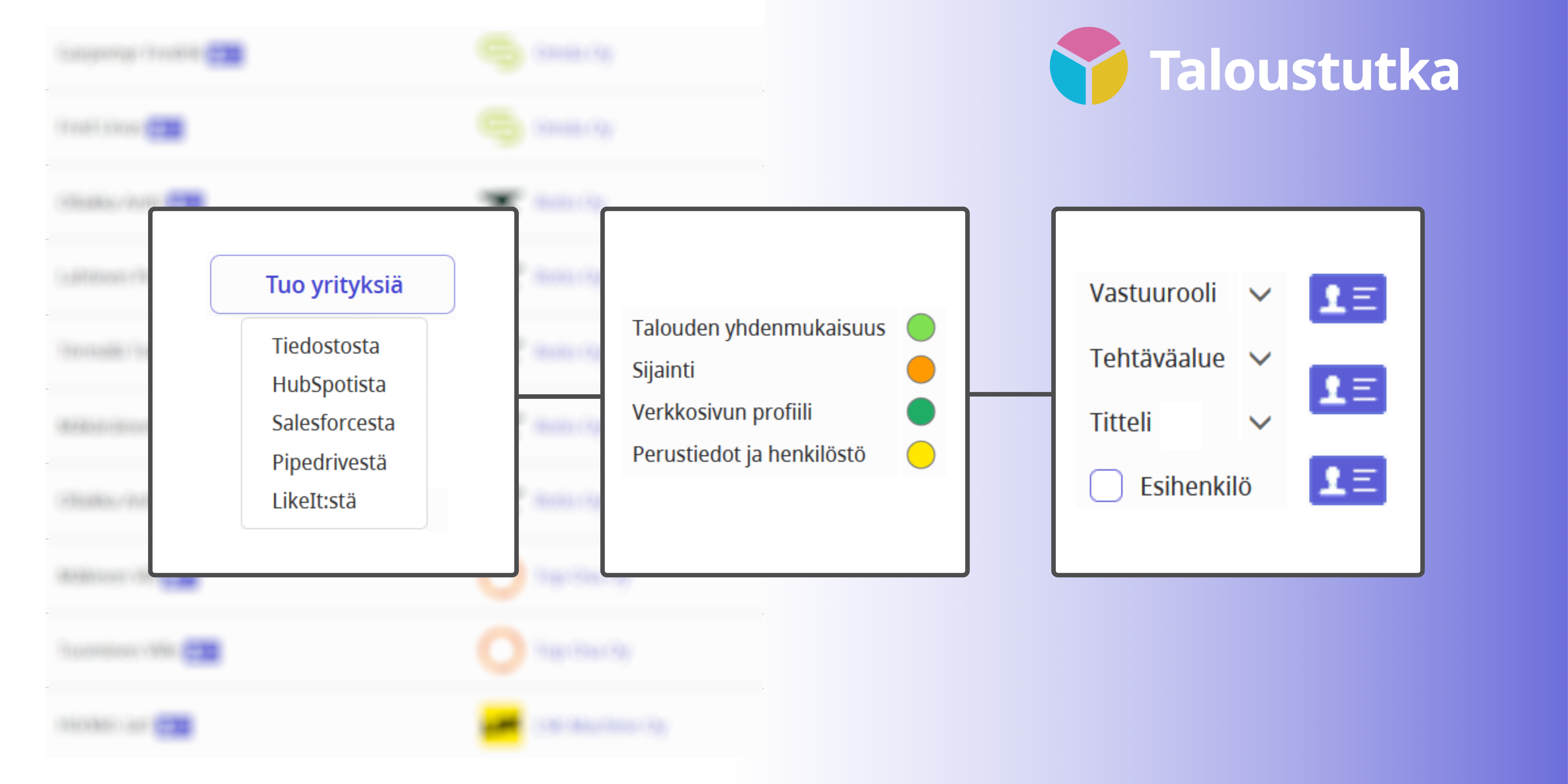 Tuo yrityksiä ja asiakkaita Taloustutkaan tiedostosta tai CRM-järjestelmästä (HubSpot, Salesforce, Pipedrive, LikeIt). Painota halutessasi talouden yhdenmukaisuutta, sijaintia, verkkosivun profiilia sekä perustietoja ja henkilöstöä. Lataa heti asiakaskuntaasi vastaava valmis kontaktilista parhaista uusista prospekteista.