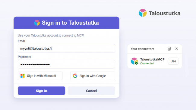 ikkuna, jossa kirjaudutaan Taloustutkaan, ja ilmoitus, että tekoälytyökalun (kuvassa Claude AI) yhdistäminen Taloustutka MCP:hen on onnistunut