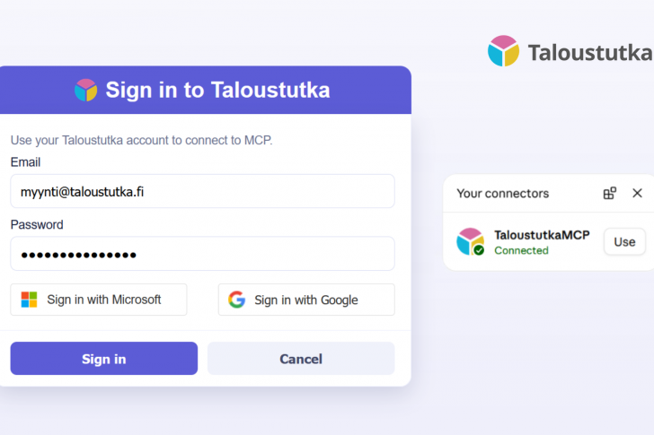 ikkuna, jossa kirjaudutaan Taloustutkaan, ja ilmoitus, että tekoälytyökalun (kuvassa Claude AI) yhdistäminen Taloustutka MCP:hen on onnistunut